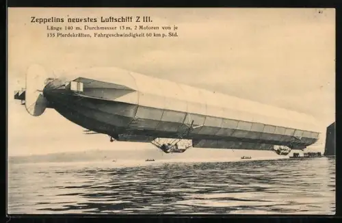 AK Zeppelins neuestes Luftschiff Z III dicht über der Wasseroberfläche