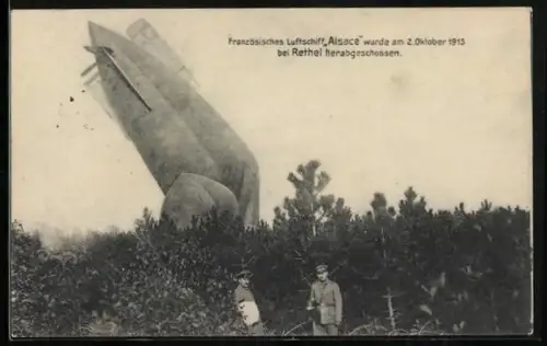 AK Rethel, Französisches Luftschiff Alsace am 2.10.1915 bei Rethel abgeschossen, Zeppelin