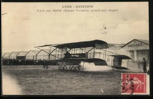 AK Lyon, Farman-Doppeldecker-Flugzeug vor dem Start