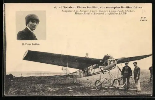 AK Flugzeug der Barillon-Brüder auf einem Feld, Pilot Pierre Barillon