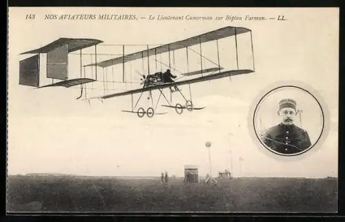 AK Le Lieutenant Camerman sur Biplan Farman, Flugzeug