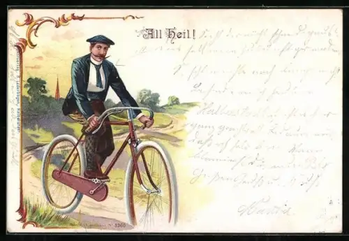 Lithographie Fahrradfahrer-Gruss All Heil!, Radtour ins Grüne