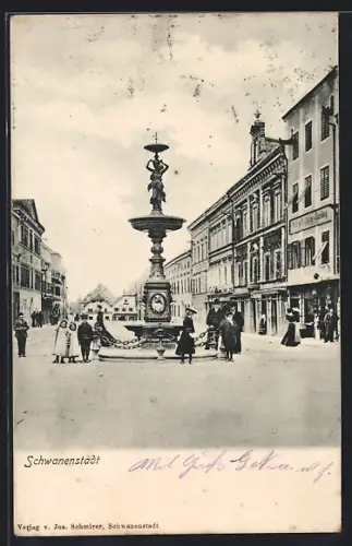 AK Schwanenstadt, Strassenpartie mit Denkmal