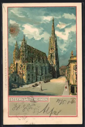 Lithographie Wien I, Stephansplatz, Stephansdom, Strassenbahn, Um 1900