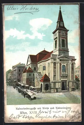 AK Wien, Kalvarienberggasse mit Kirche und Kalvarienberg