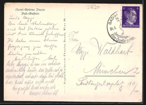 AK Bad Gastein, Hotel Grüner Baum, Ortsansicht mit Berge