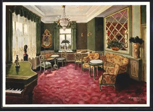 Künstler-AK Badgastein, Hotel Weismayr, Damen- und Musikzimmer, Innenansicht