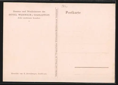 Künstler-AK Badgastein, Hotel Weismayr, Damen- und Musikzimmer, Innenansicht