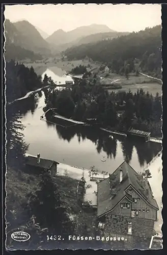 AK Füssen, Badesee mit Bade-Cafe aus der Vogelschau