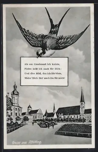 AK Altötting, Ortsansicht mit Kirche, Schwalbe mit Grussblatt