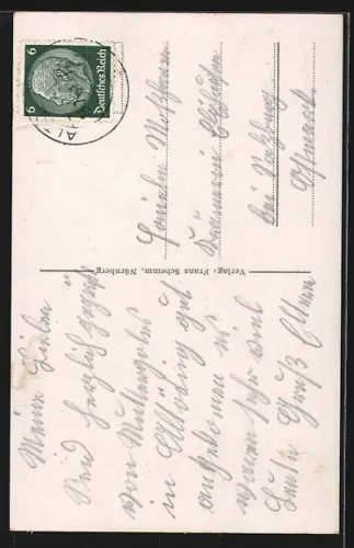 AK Altötting, Ortsansicht mit Kirche, Schwalbe mit Grussblatt