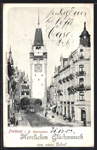 AK Freiburg i. B., Strasse am Martinsthor, Strassenbahn