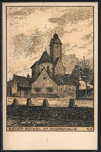 Künstler-AK Nieder-Rotweil am Kaiserstuhl, Teilansicht mit Kirche