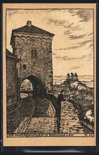Künstler-AK Breisach a. Rh., Blick auf den Hagenbachturm