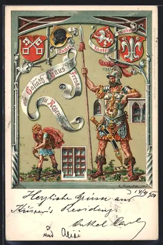 Künstler-AK Regensburg, Fresko am Goliath-Haus, verschiedene Wappen, Bildnis von David und Goliath