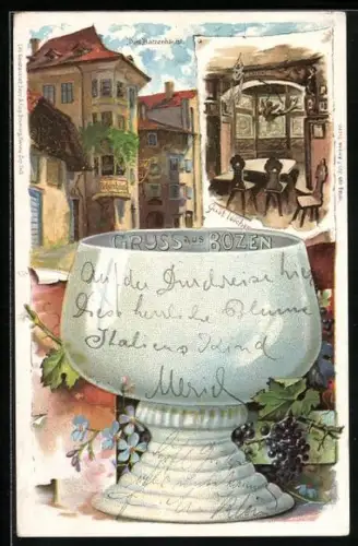 Lithographie Bozen, Das Batzenhäusl, Innenansicht, Kelch