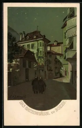 Lithographie Bozen, Gasthaus Batzenhäusl bei Nacht