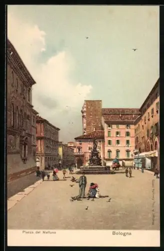Lithographie Bologna, Piazza del Nettuno mit Brunnen