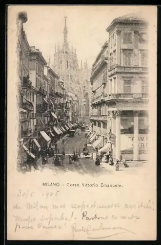 AK Milano, Corso V. Emanuele mit Strassenbahnen