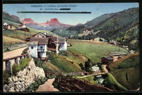 AK St. Christina, Ortsansicht mit Schloss Wolkenstein gegen die Tschierspitze