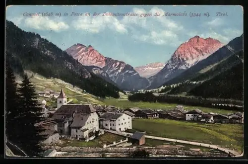 AK Canazei in Fassa, Ortspanorama gegen die Marmolata, Dolomitenstrasse