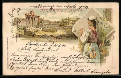 Lithographie Roma, Foro Romano, Otto Colonne, Römerin in Volkstracht
