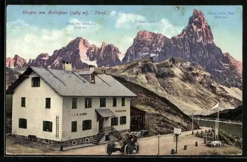 AK Hospiz am Rollepass, Ansicht gegen Cima dei Burdoni, Vezzana und Cimon della Pala