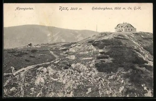 AK Habsburghaus, Berghütte am Rax, Blick auf Alpengarten