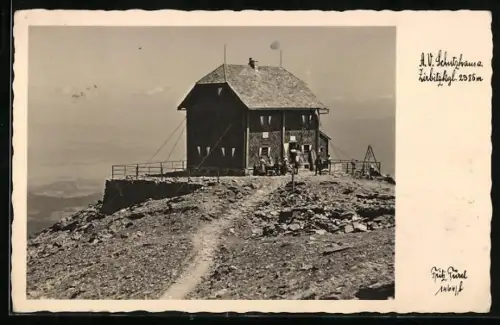 AK Schutzhaus am Zirbitzkogel, Berghütte des A. V. vor Gebirgspanorama