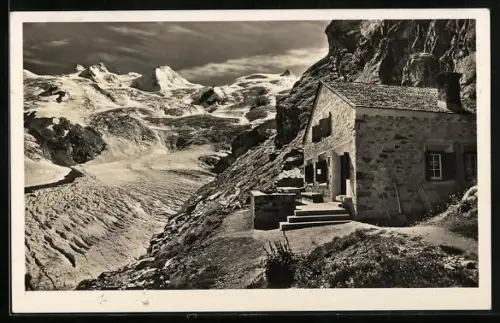 AK Coaz Hütte, Panoramablick mit Roseggletscher und Sellagruppe