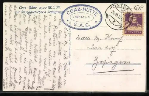 AK Coaz Hütte, Panoramablick mit Roseggletscher und Sellagruppe