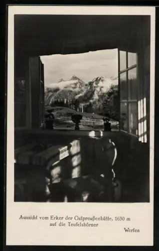 AK Ostpreussenhütte, Erker, Inneres mit Blick auf die Teufelshörner