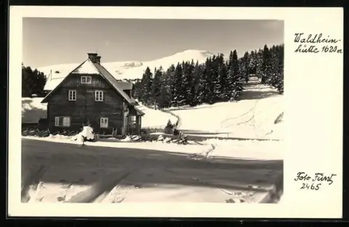 AK Waldheimhütte mit Panorama im Schnee