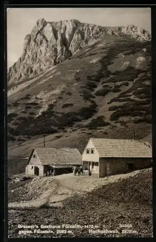 AK Grasser`s Gasthaus Fölzalm, Berghütte am Hochschwab, Blick gegen Fölzstein