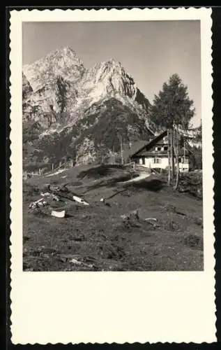 AK Ostpreussenhütte, Berghütte vor Gipfelpanorama