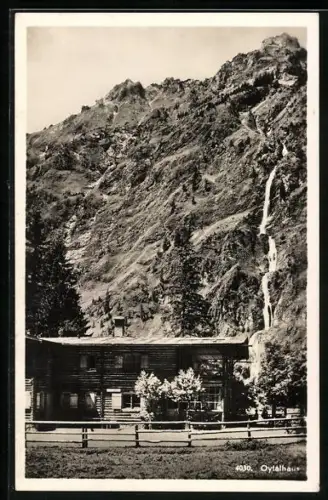 AK Oytalhaus, Berghütte vor Felswand mit Seebach Wasserfall
