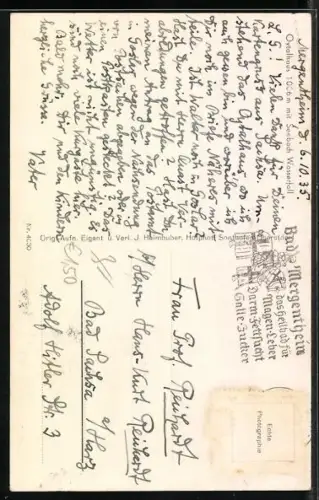 AK Oytalhaus, Berghütte vor Felswand mit Seebach Wasserfall