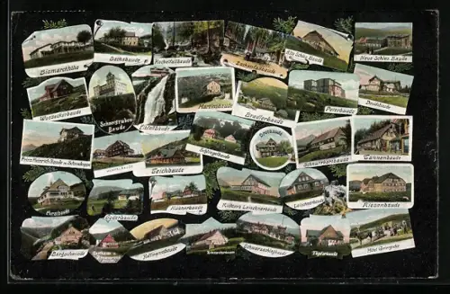 AK Martinsbaude, Bradlerbaude, Tannenbaude, Riesenbaude, Bismarckhöhe, Dachsbaude und Kochelfallbaude