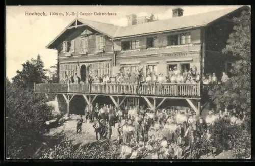 AK Caspar Geitnerhaus /Hocheck, Berghütte mit Besuchern