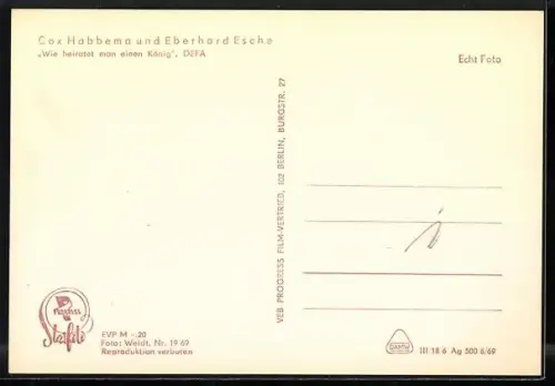 AK Schauspielerin Cox Habbema und Schauspieler Eberhard Esche in Wie heiratet man einen König