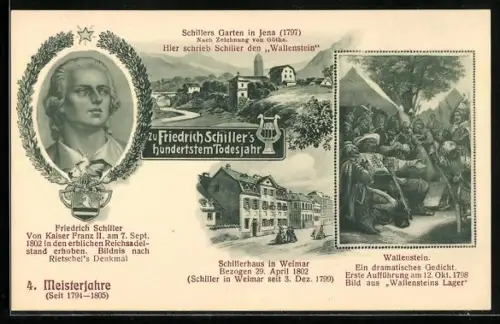 Lithographie Weimar / Thüringen, Schillerhaus, Schillers Garten in Jena, 100. Todestag Friedrich Schillers