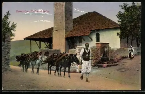 AK Bosnischer Holzverkäufer mit Eseln