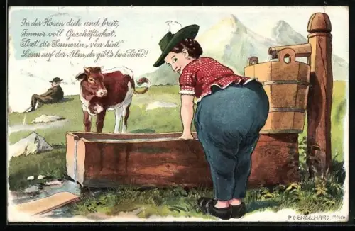 Künstler-AK P.O.Engelhard (P.O.E.): Frau am Brunnen, Kuh