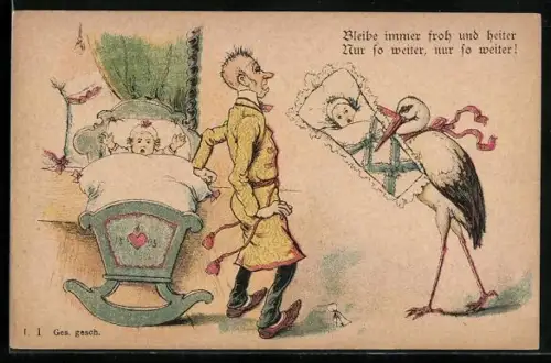 Künstler-AK Mann am Bett eines Kleinkindes bekommt vom Storch ein Baby, früher Druck