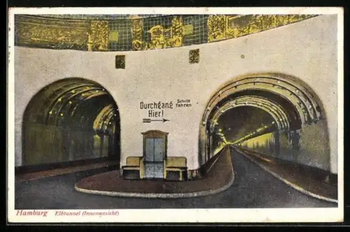 AK Hamburg-St. Pauli, Elbtunnel, Blick in beide Tunnel