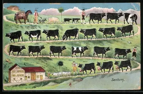 Künstler-AK Sentum, Almabtrieb zum Bauernhaus