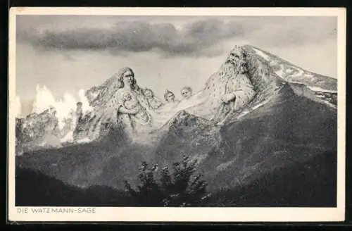 AK St. Bartholomä, Die Watzmann-Sage, Berg mit Gesicht / Berggesichter