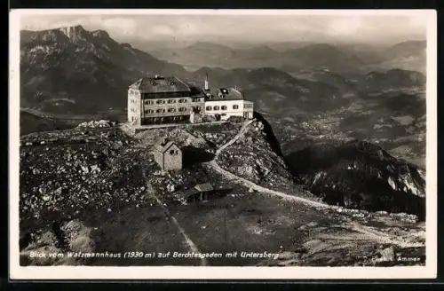 AK Watzmannhaus, Berghütte mit Blick auf Berchtesgaden und Untersberg