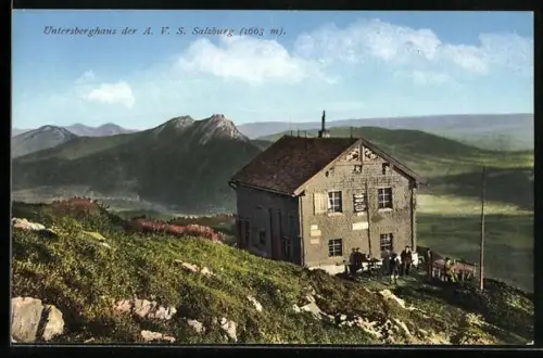 AK Untersberghaus der A. V. S., Leute bei der Berghütte