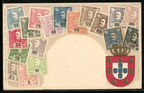 AK Briefmarken aus Portugal mit dem Porträt von König Emanuel II.